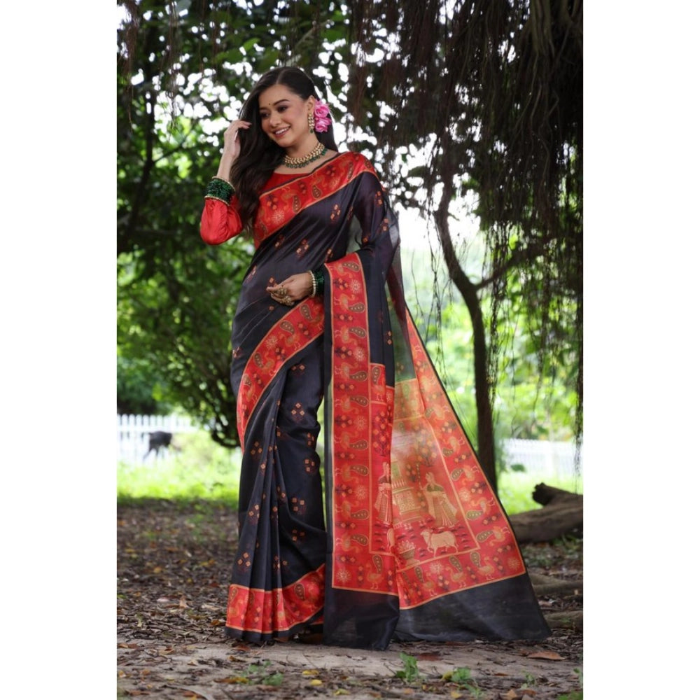 Generic Women's Faux_Tussar_Silk Printed Saree With Unstitched Blouse 5.5Mtr (Black)