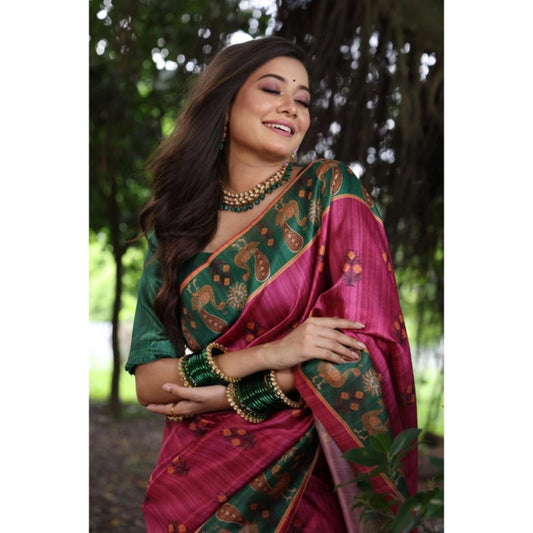 Generic Women's Faux_Tussar_Silk Printed Saree With Unstitched Blouse 5.5Mtr (Pink)