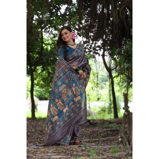 Generic Women's Faux_Tussar_Silk Printed Saree With Unstitched Blouse 5.5Mtr (Grey)