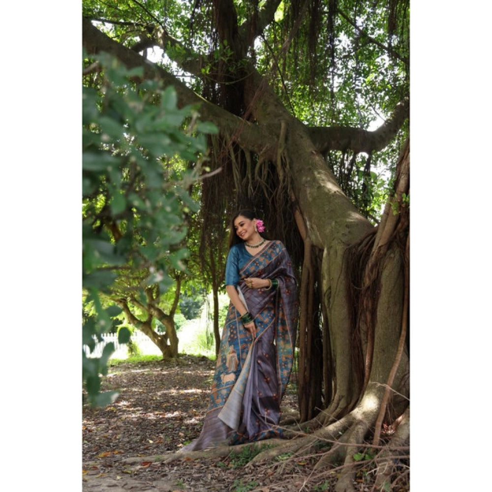 Generic Women's Faux_Tussar_Silk Printed Saree With Unstitched Blouse 5.5Mtr (Grey)