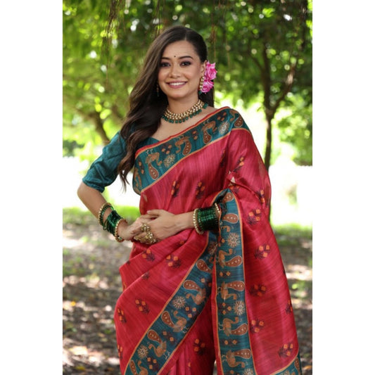 Generic Women's Faux_Tussar_Silk Printed Saree With Unstitched Blouse 5.5Mtr (Red)