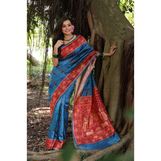 Generic Women's Faux_Tussar_Silk Printed Saree With Unstitched Blouse 5.5Mtr (Blue)