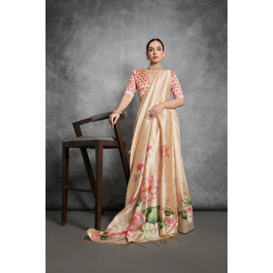 Generic Women's Cotton Printed Saree With Unstitched Blouse 5.5 Mtr (Beige)