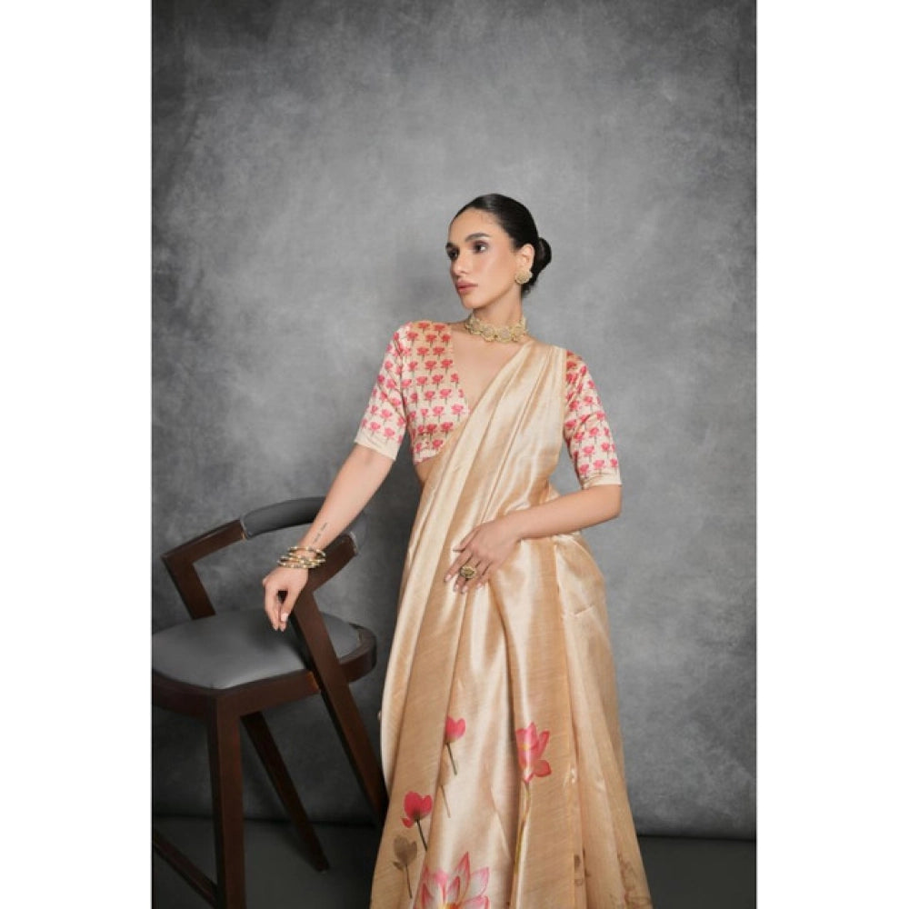 Generic Women's Cotton Printed Saree With Unstitched Blouse 5.5 Mtr (Beige)
