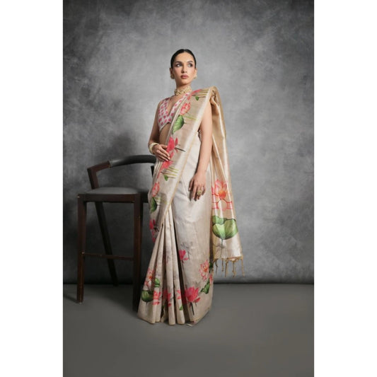 Generic Women's Cotton Printed Saree With Unstitched Blouse 5.5 Mtr (Cream)