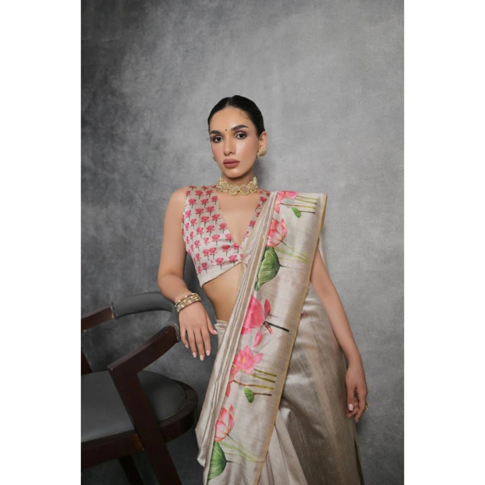 Generic Women's Cotton Printed Saree With Unstitched Blouse 5.5 Mtr (Cream)