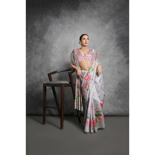 Generic Women's Cotton Printed Saree With Unstitched Blouse 5.5 Mtr (Grey)