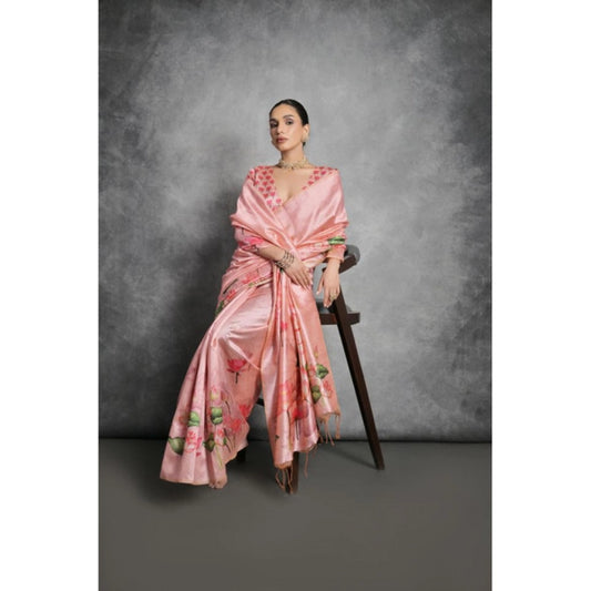 Generic Women's Cotton Printed Saree With Unstitched Blouse 5.5 Mtr (Peach)