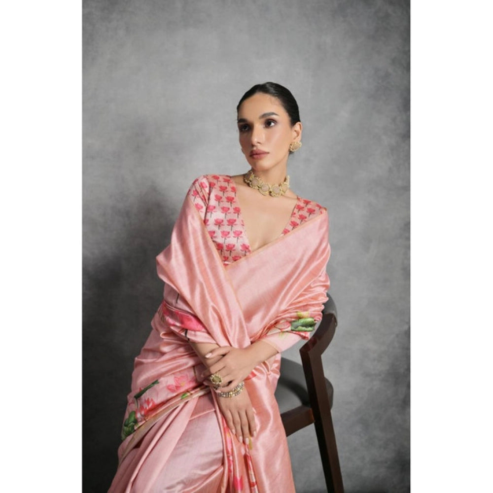 Generic Women's Cotton Printed Saree With Unstitched Blouse 5.5 Mtr (Peach)