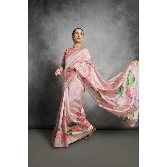 Generic Women's Cotton Printed Saree With Unstitched Blouse 5.5 Mtr (Pink)