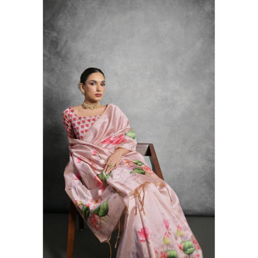 Generic Women's Cotton Printed Saree With Unstitched Blouse 5.5 Mtr (Pink)