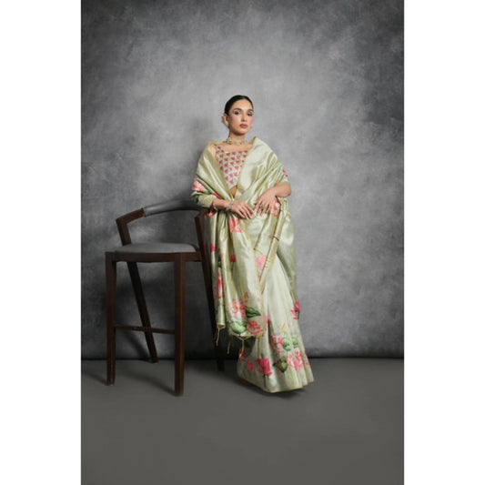 Generic Women's Cotton Printed Saree With Unstitched Blouse 5.5 Mtr (Green)