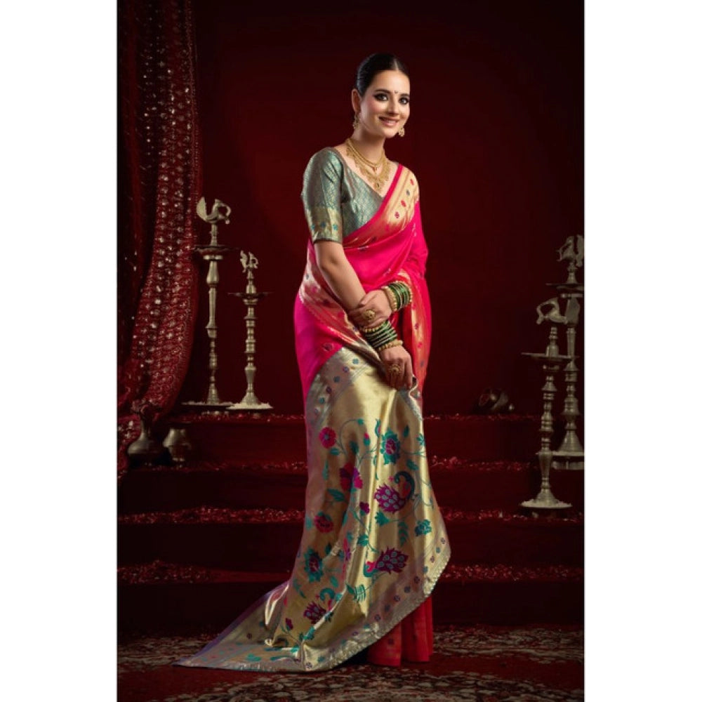 Generic Women's Silk Blend Woven Saree With Unstitched Blouse 5.5 Mtr (Pink)