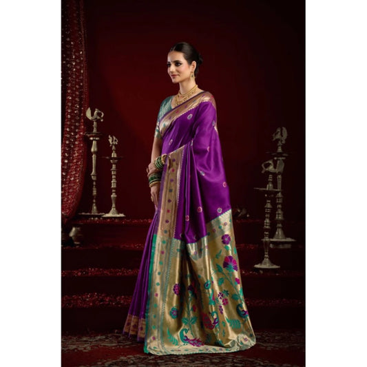 Generic Women's Silk Blend Woven Saree With Unstitched Blouse 5.5 Mtr (Purple)