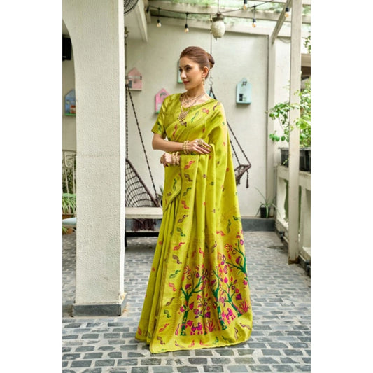 Generic Women's Silk Blend Woven Saree With Unstitched Blouse 5.5 Mtr (Lime)