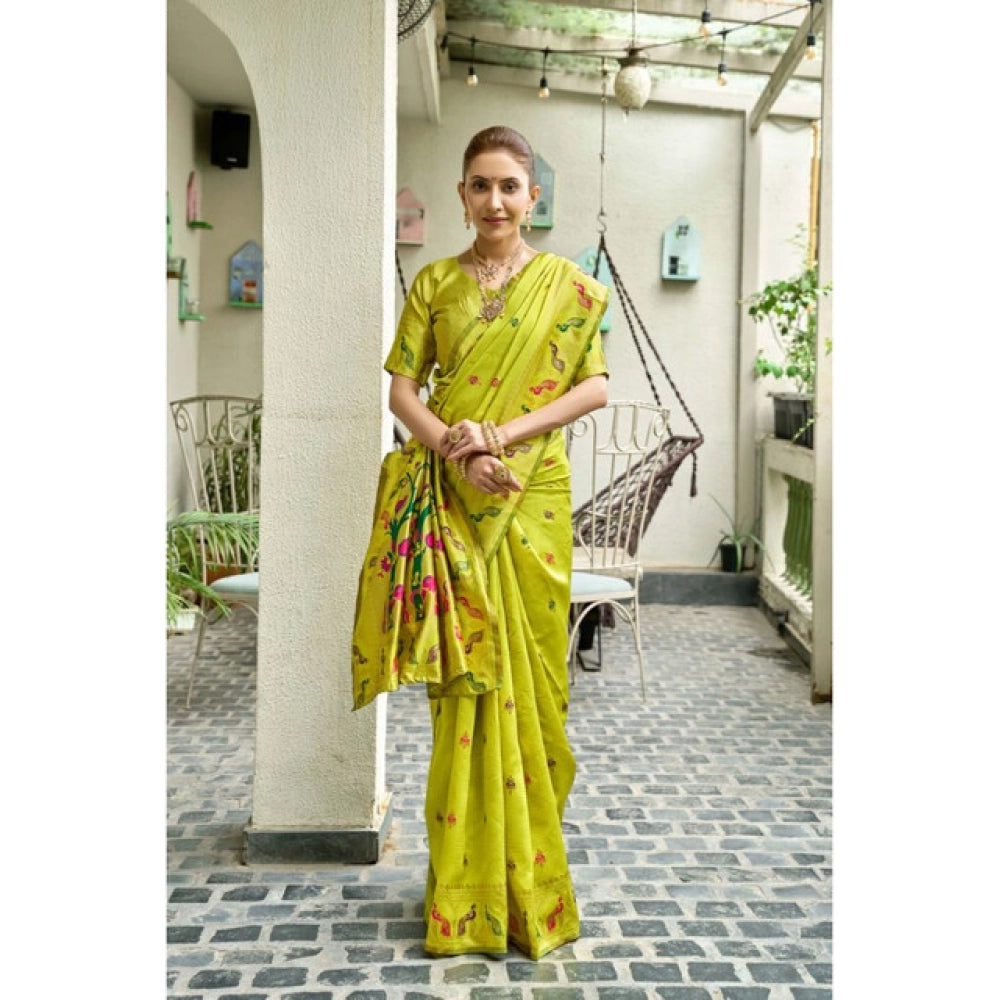 Generic Women's Silk Blend Woven Saree With Unstitched Blouse 5.5 Mtr (Lime)