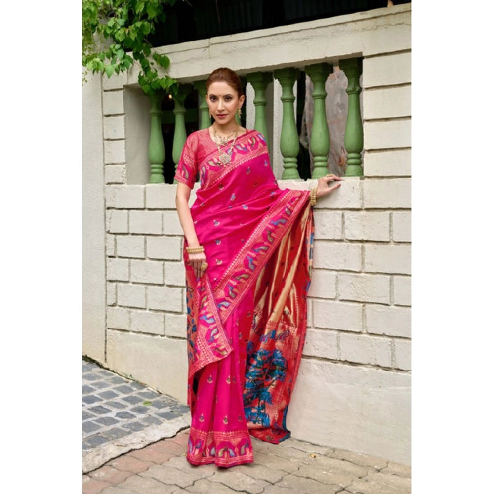 Generic Women's Silk Blend Woven Saree With Unstitched Blouse 5.5 Mtr (Pink)