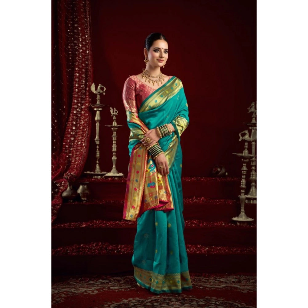 Generic Women's Silk Blend Woven Saree With Unstitched Blouse 5.5 Mtr (Aqua_Blue)