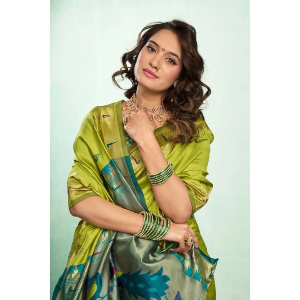 Generic Women's Silk Blend Woven Saree With Unstitched Blouse 5.5 Mtr (Lime)