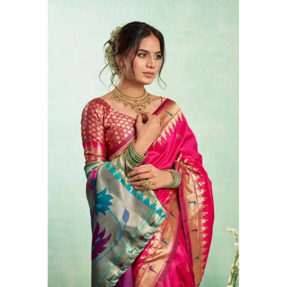 Generic Women's Silk Blend Woven Saree With Unstitched Blouse 5.5 Mtr (Pink)