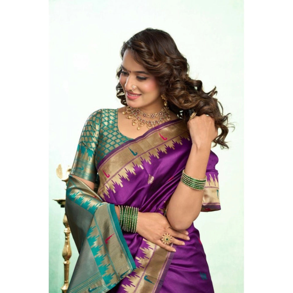 Generic Women's Silk Blend Woven Saree With Unstitched Blouse 5.5 Mtr (Purple)