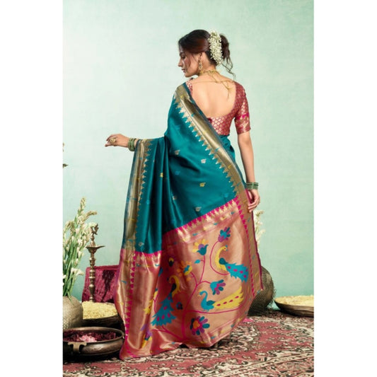 Generic Women's Silk Blend Woven Saree With Unstitched Blouse 5.5 Mtr (Teal)