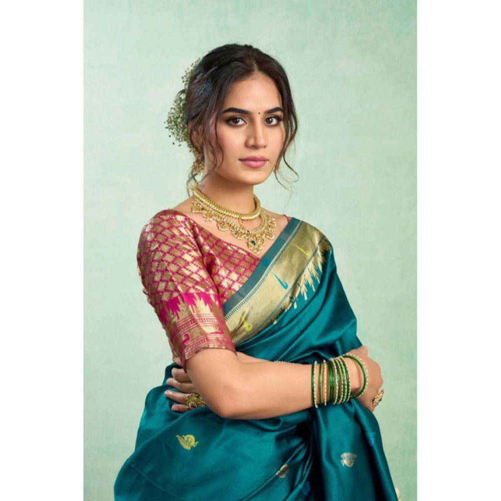 Generic Women's Silk Blend Woven Saree With Unstitched Blouse 5.5 Mtr (Teal)