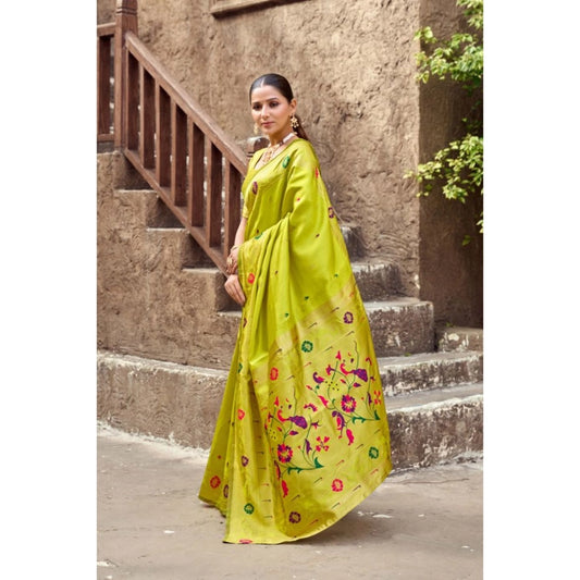 Generic Women's Silk Blend Woven Saree With Unstitched Blouse 5.5 Mtr (Lime)