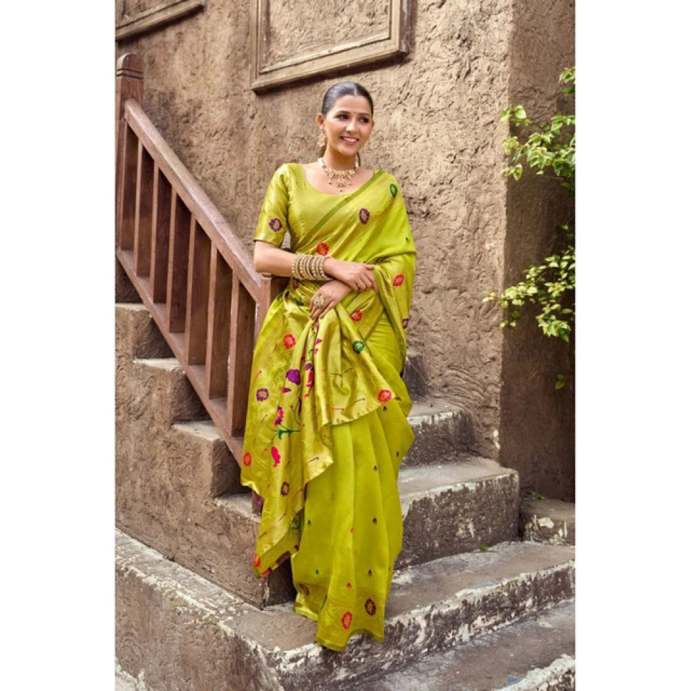Generic Women's Silk Blend Woven Saree With Unstitched Blouse 5.5 Mtr (Lime)