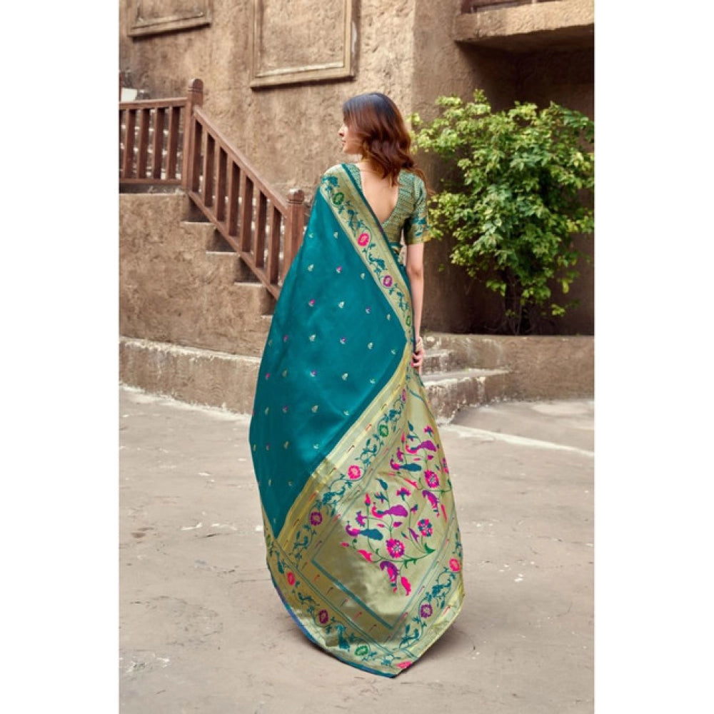 Generic Women's Silk Blend Woven Saree With Unstitched Blouse 5.5 Mtr (Teal)