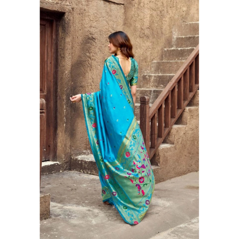 Generic Women's Silk Blend Woven Saree With Unstitched Blouse 5.5 Mtr (Aqua_Blue)
