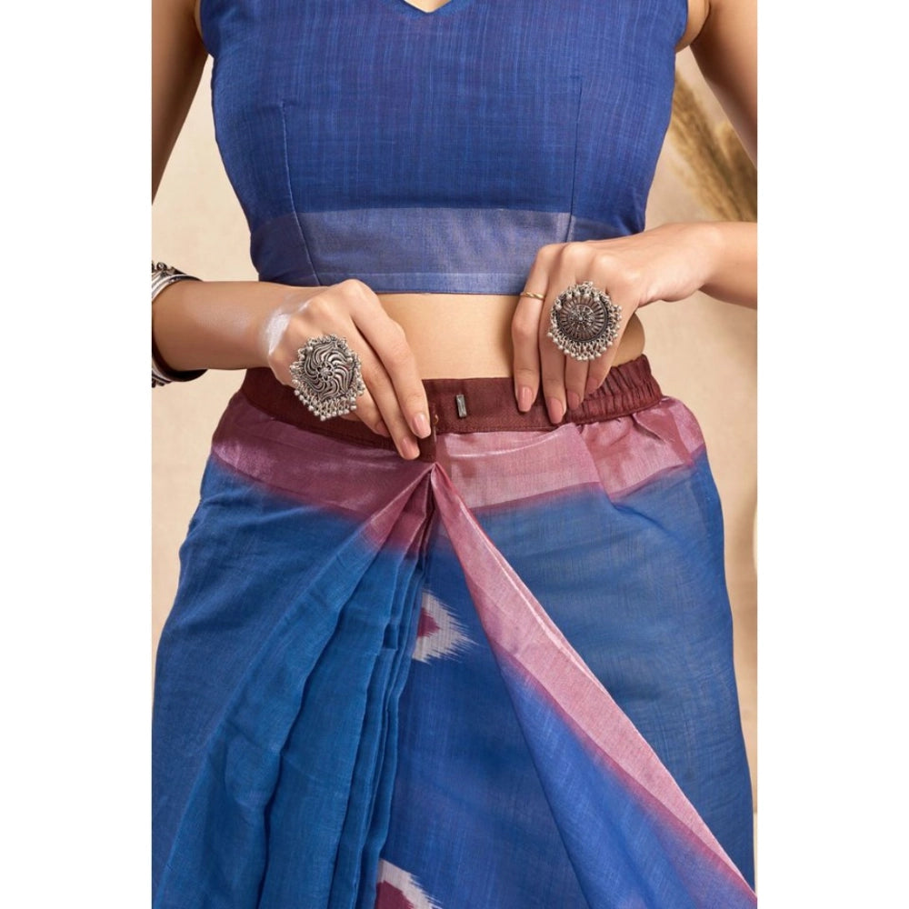 Generic Women's Linen Cotton Printed Ready To Wear Saree With Unstitched Blouse 5.5 Mtr (Blue)