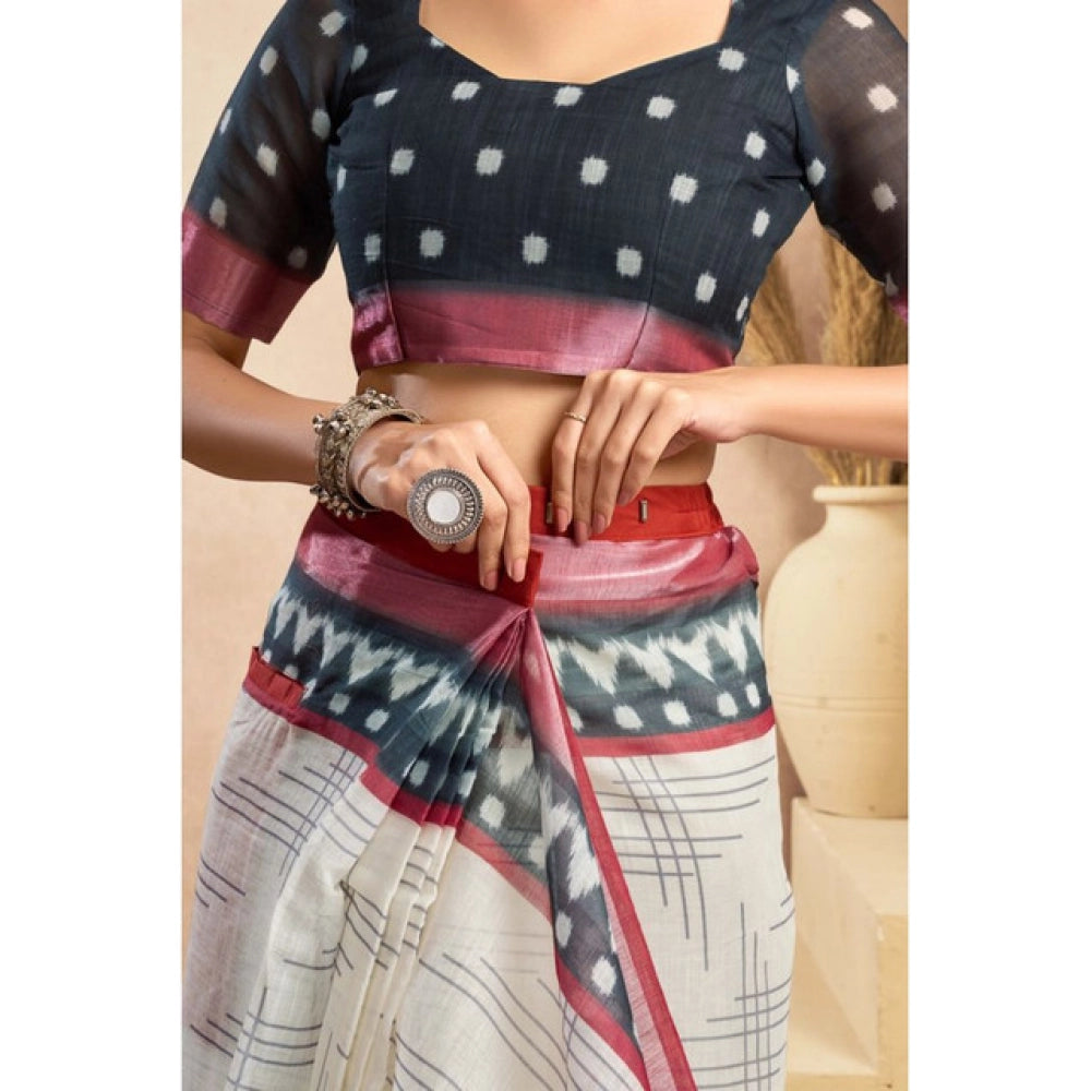 Generic Women's Linen Cotton Printed Ready To Wear Saree With Unstitched Blouse 5.5 Mtr (Off_White)
