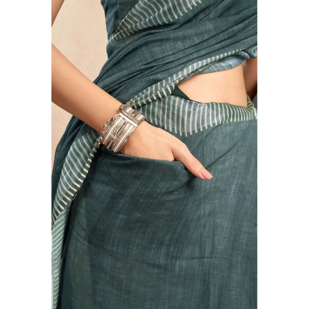 Generic Women's Linen Cotton Printed Ready To Wear Saree With Unstitched Blouse 5.5 Mtr (Light_Teal)