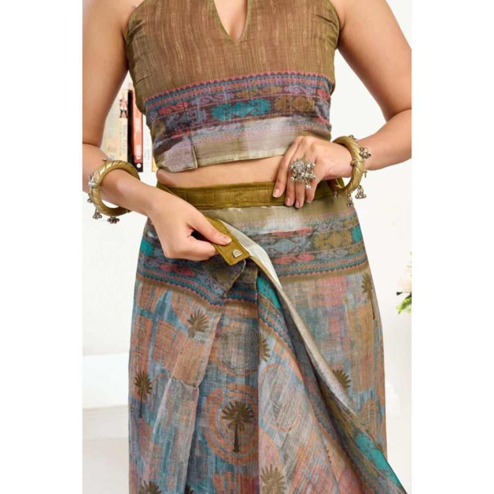 Generic Women's Linen Cotton Printed Ready To Wear Saree With Unstitched Blouse 5.5 Mtr (Multicolor)