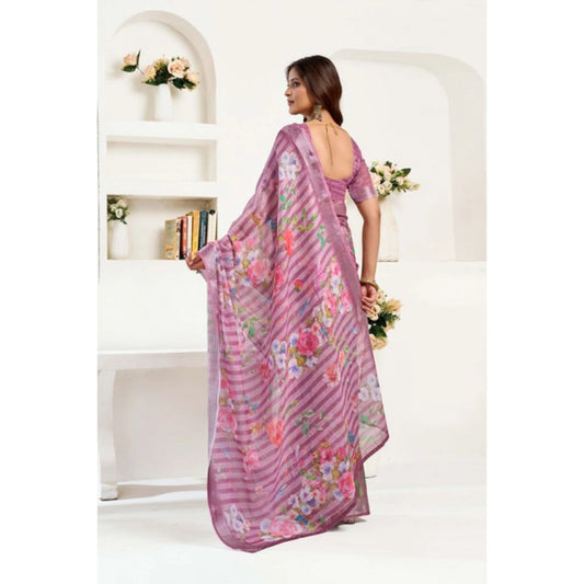 Generic Women's Linen Cotton Printed Ready To Wear Saree With Unstitched Blouse 5.5 Mtr (Light_Mauve)