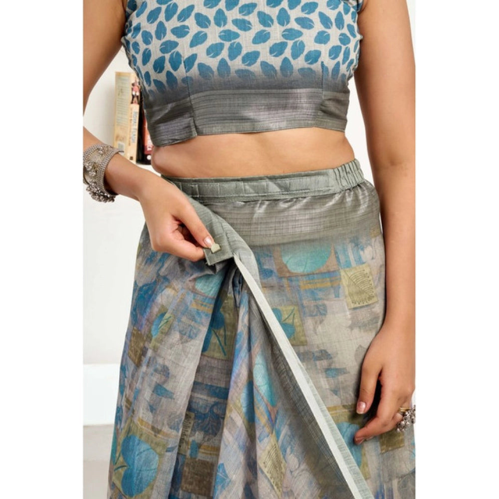 Generic Women's Linen Cotton Printed Ready To Wear Saree With Unstitched Blouse 5.5 Mtr (Grey)
