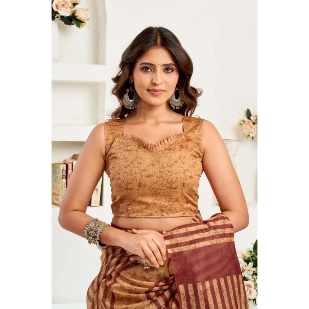 Generic Women's Linen Cotton Printed Ready To Wear Saree With Unstitched Blouse 5.5 Mtr (Brown)