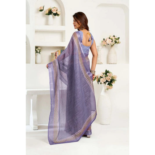 Generic Women's Linen Cotton Printed Ready To Wear Saree With Unstitched Blouse 5.5 Mtr (Light_Lavender)