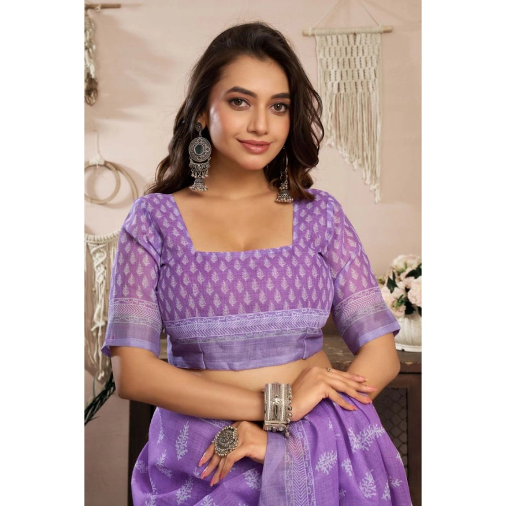 Generic Women's Linen Cotton Printed Ready To Wear Saree With Unstitched Blouse 5.5 Mtr (Lavender)