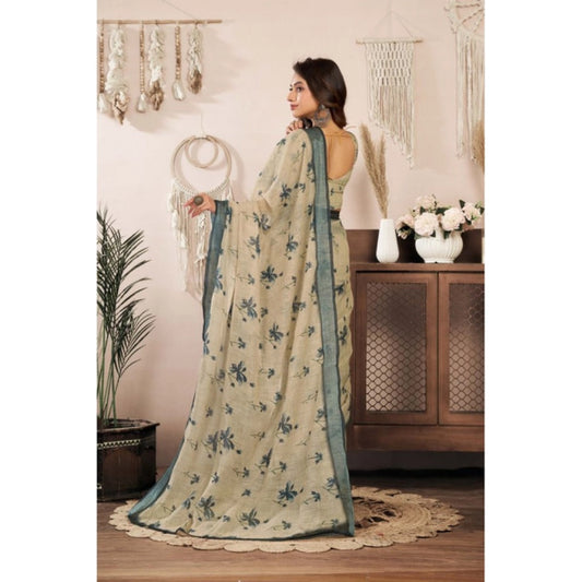 Generic Women's Linen Cotton Printed Ready To Wear Saree With Unstitched Blouse 5.5 Mtr (Light_Beige)