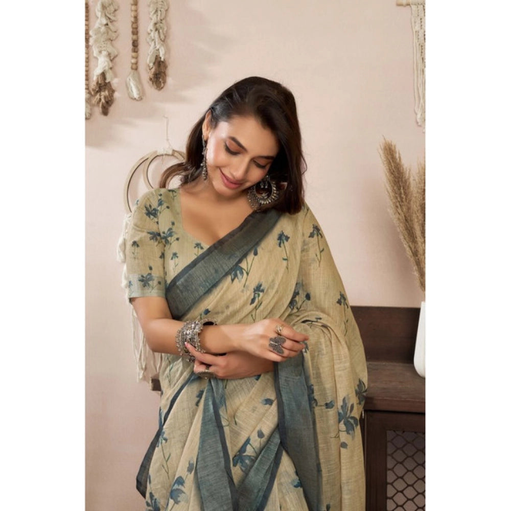 Generic Women's Linen Cotton Printed Ready To Wear Saree With Unstitched Blouse 5.5 Mtr (Light_Beige)