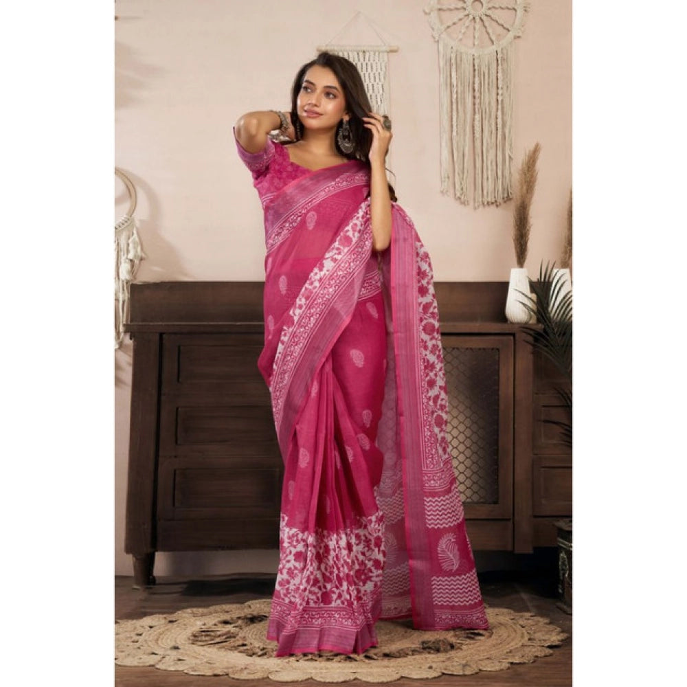 Generic Women's Linen Cotton Printed Ready To Wear Saree With Unstitched Blouse 5.5 Mtr (Pink)