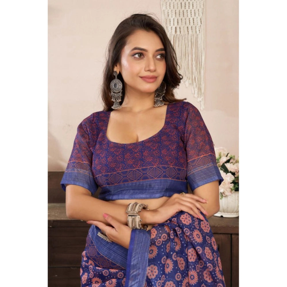 Generic Women's Linen Cotton Printed Ready To Wear Saree With Unstitched Blouse 5.5 Mtr (Dark_Navy_Blue)