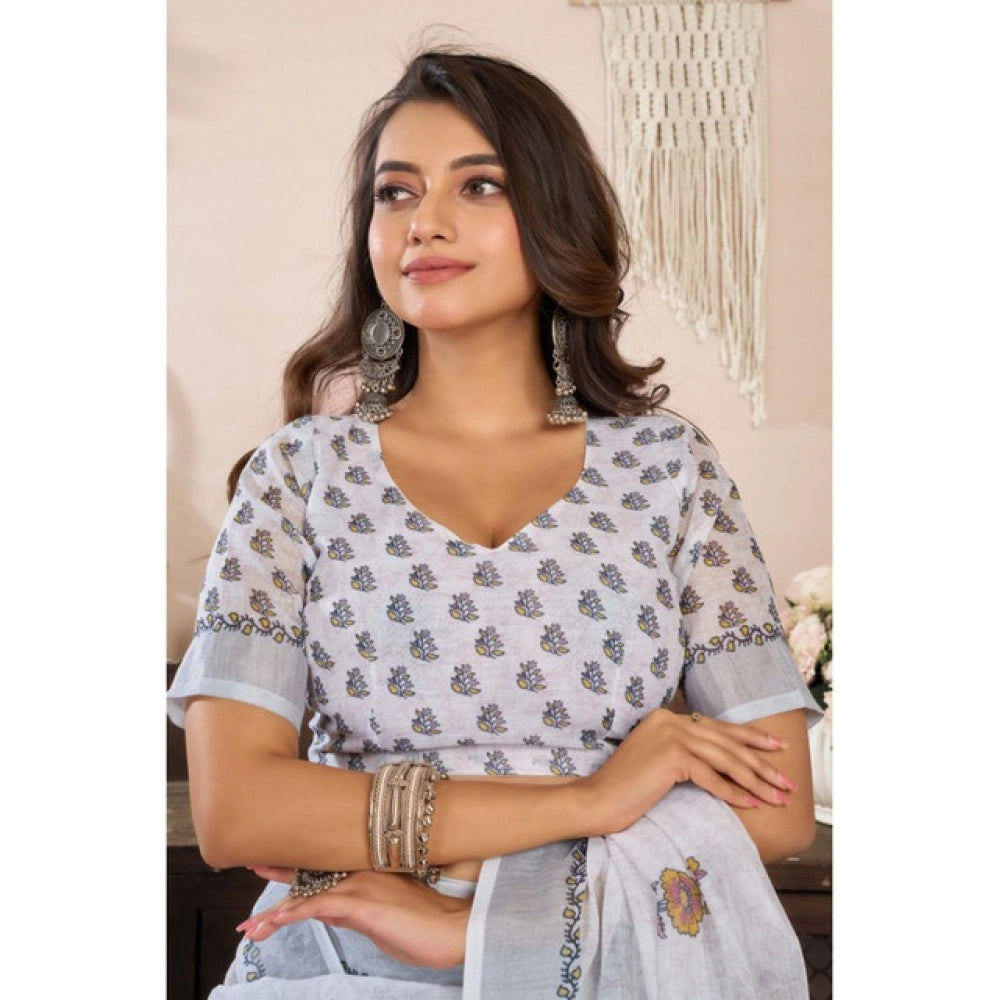 Generic Women's Linen Cotton Printed Ready To Wear Saree With Unstitched Blouse 5.5 Mtr (Off_White)