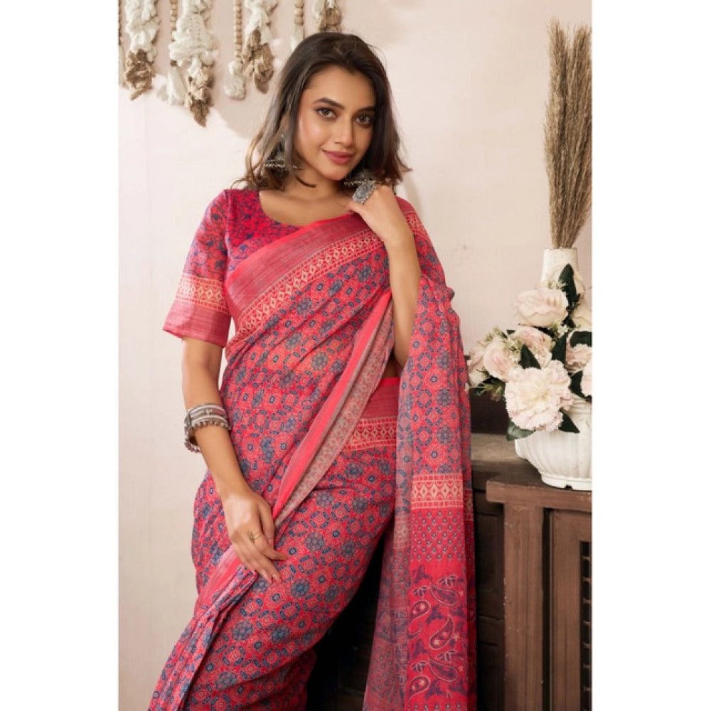 Generic Women's Linen Cotton Printed Ready To Wear Saree With Unstitched Blouse 5.5 Mtr (Red)