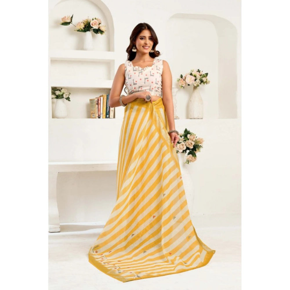 Generic Women's Linen Cotton Printed Ready To Wear Saree With Unstitched Blouse 5.5 Mtr (Light_Mustard)