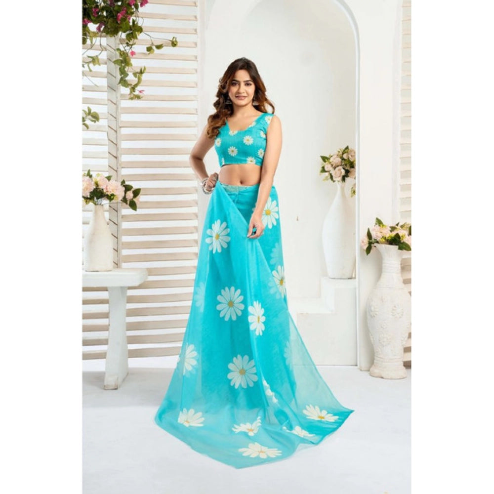 Generic Women's Linen Cotton Printed Ready To Wear Saree With Unstitched Blouse 5.5 Mtr (Aqua_Blue)