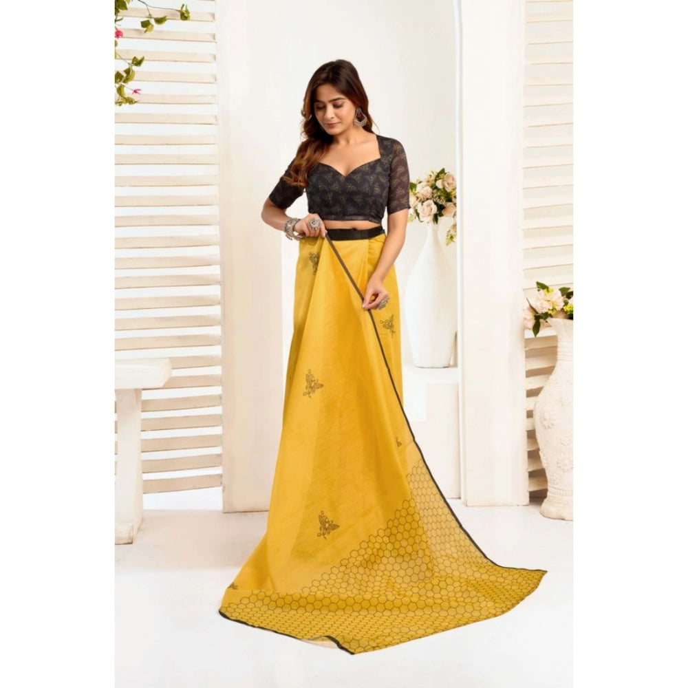 Generic Women's Linen Cotton Printed Ready To Wear Saree With Unstitched Blouse 5.5 Mtr (Yellow)