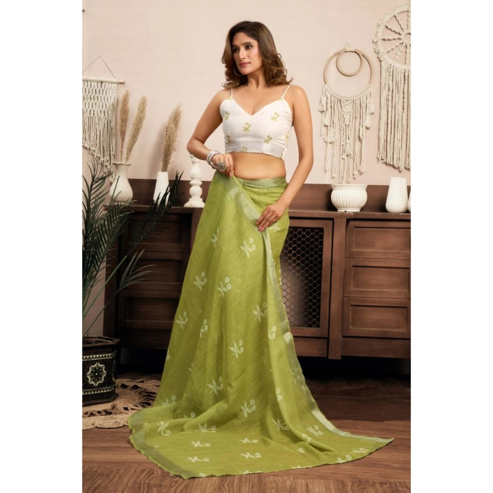 Generic Women's Linen Cotton Printed Ready To Wear Saree With Unstitched Blouse 5.5 Mtr (Light_Green)